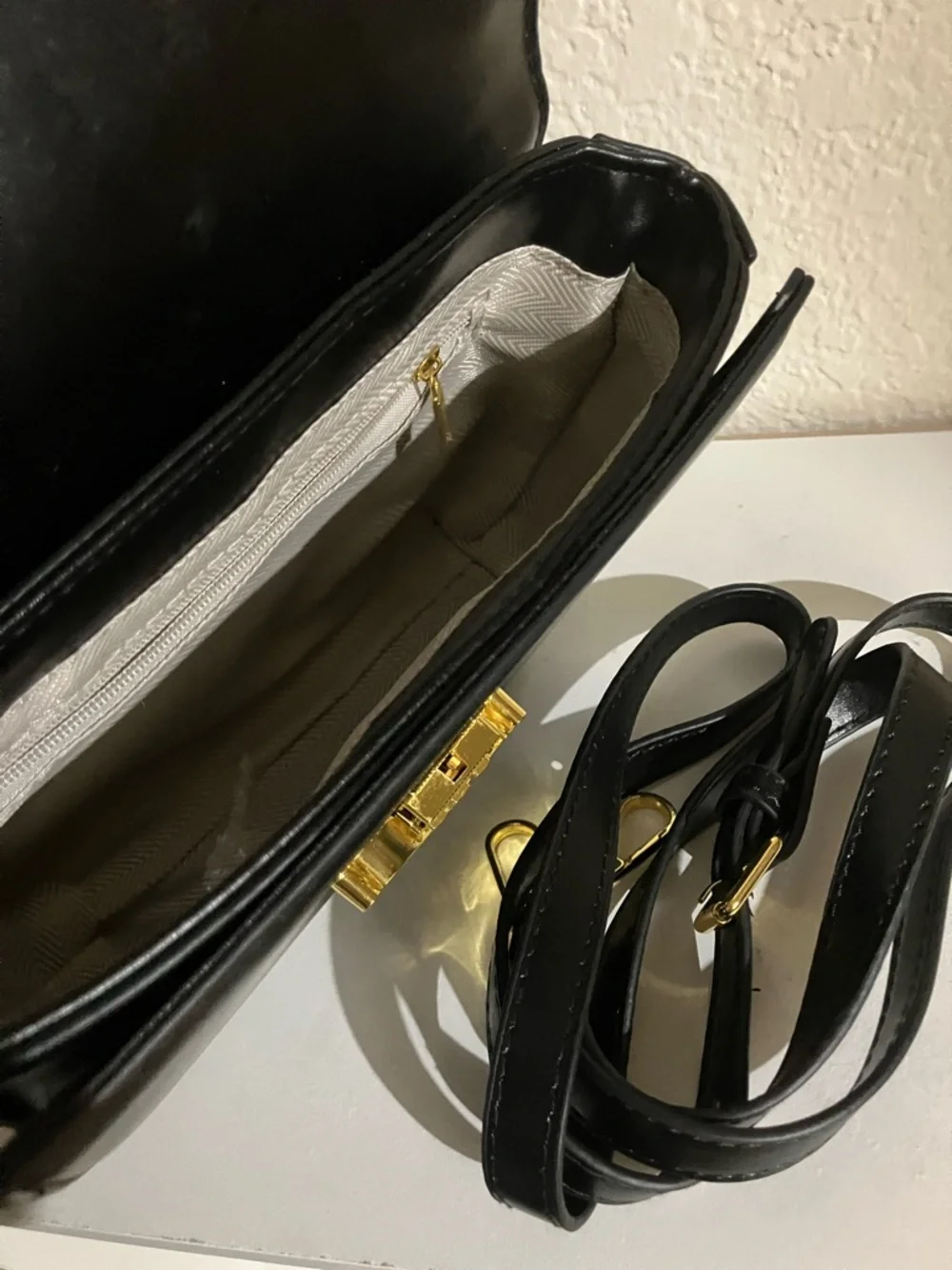 Black Leather Top-Handle Shoulder Bag with Gold Accent - Picture 4 of 6